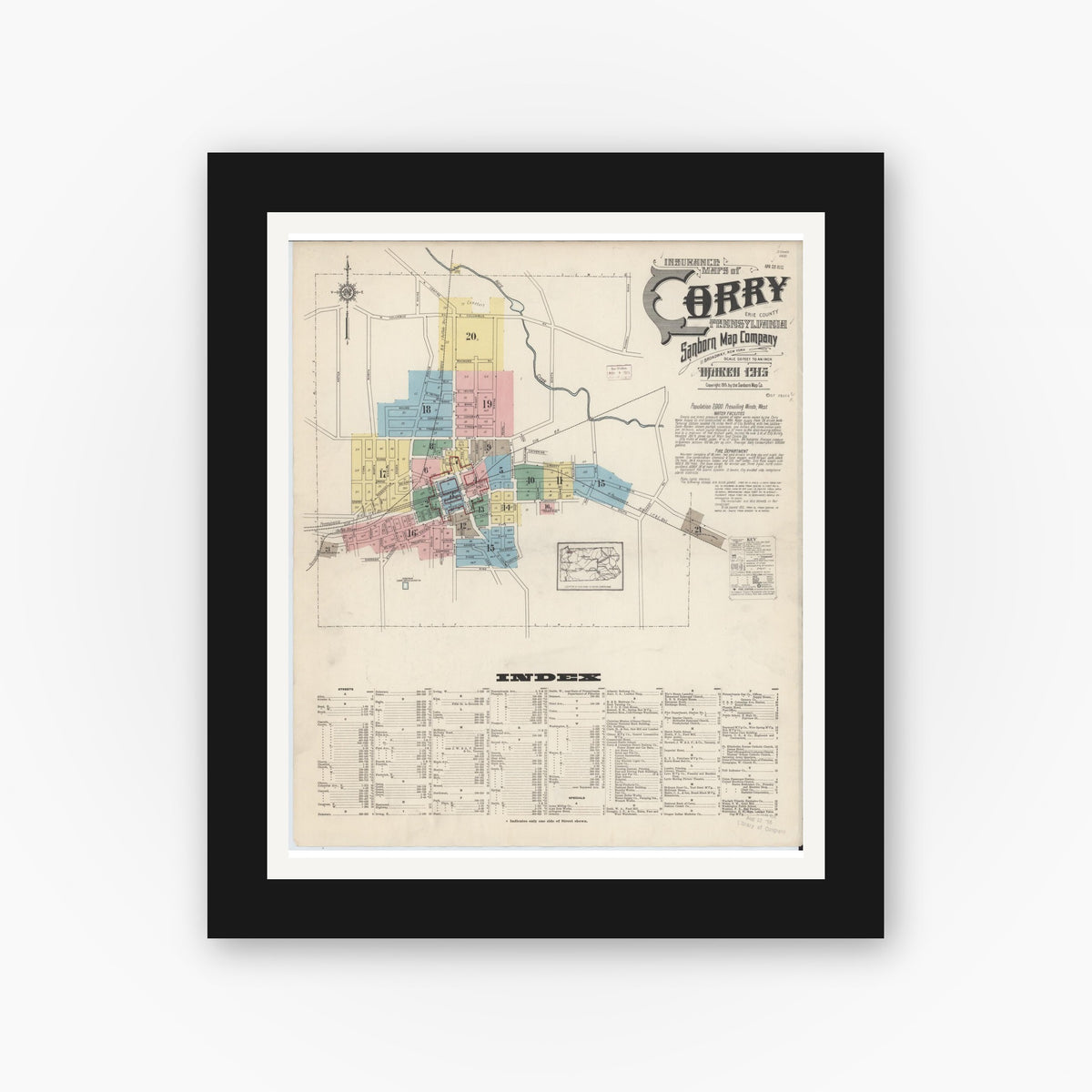 Old map wall art mockup — black gallery frame with white mat — Sanborn Fire Insurance Map from Corry, Erie County, Pennsylvania (1915) - Complete Map Set