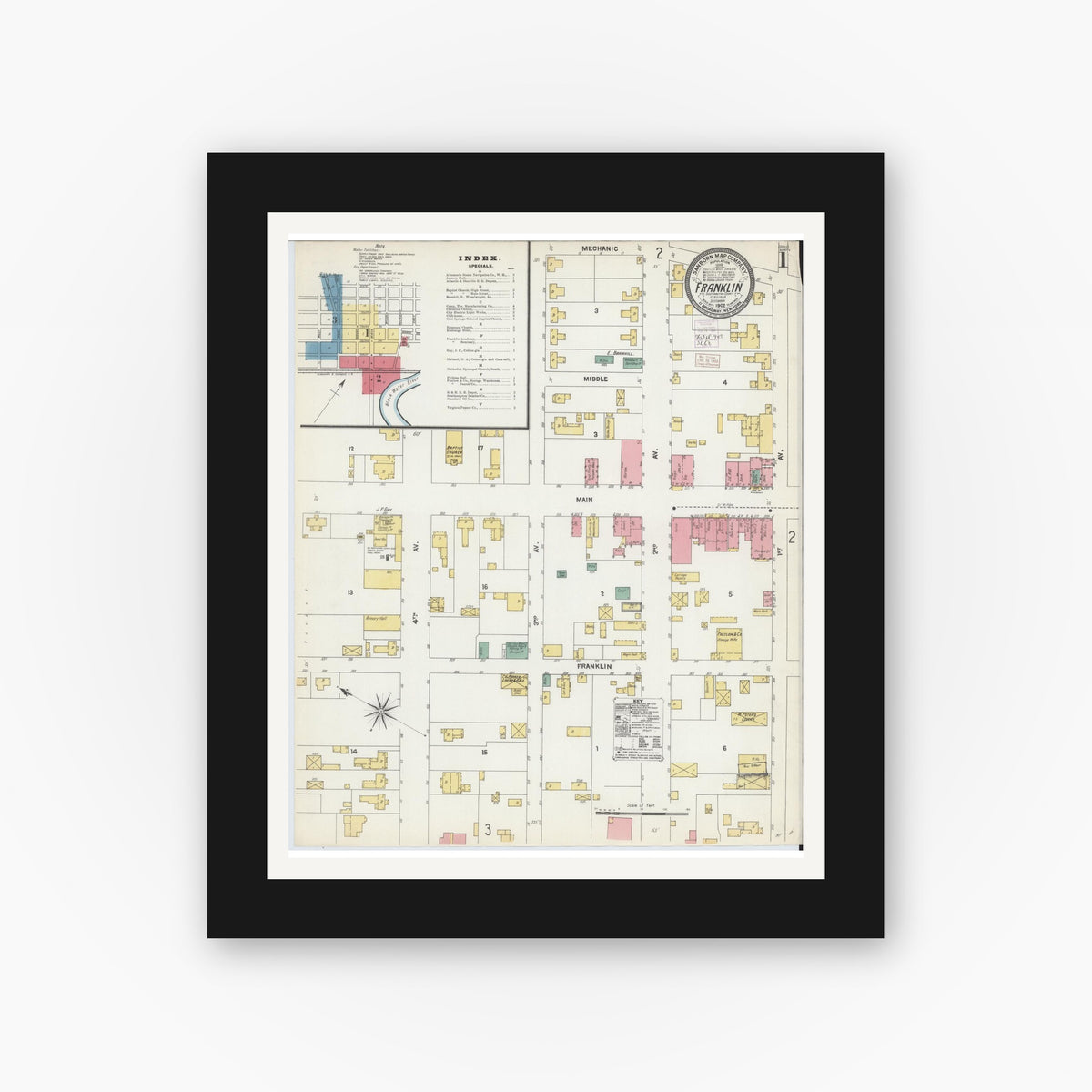 Old map wall art mockup — black gallery frame with white mat — Sanborn Fire Insurance Map from Franklin, Independent Cities, Virginia (1902) - Complete Map Set