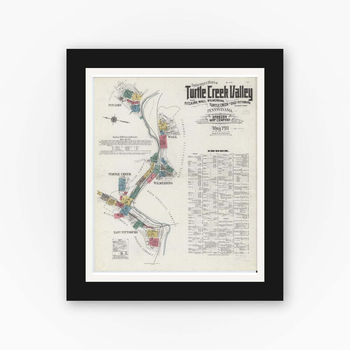 Old map wall art mockup — black gallery frame with white mat — Sanborn Fire Insurance Map from Turtle Creek Valley, Allegheny County, Pennsylvania (1911) - Complete Map Set