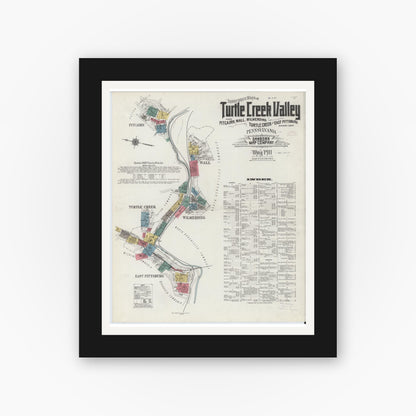 Old map wall art mockup — black gallery frame with white mat — Sanborn Fire Insurance Map from Turtle Creek Valley, Allegheny County, Pennsylvania (1911) - Complete Map Set