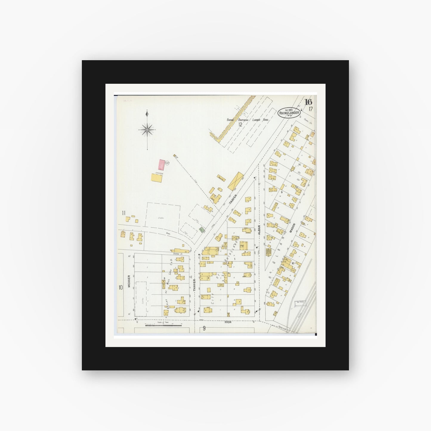 Old map wall art mockup — black gallery frame with white mat — Sanborn Fire Insurance Map from Rhinelander, Oneida County, Wisconsin (1900), Sheet #0016