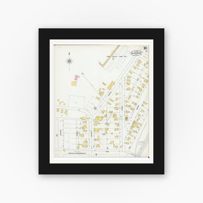 Old map wall art mockup — black gallery frame with white mat — Sanborn Fire Insurance Map from Rhinelander, Oneida County, Wisconsin (1900), Sheet #0016