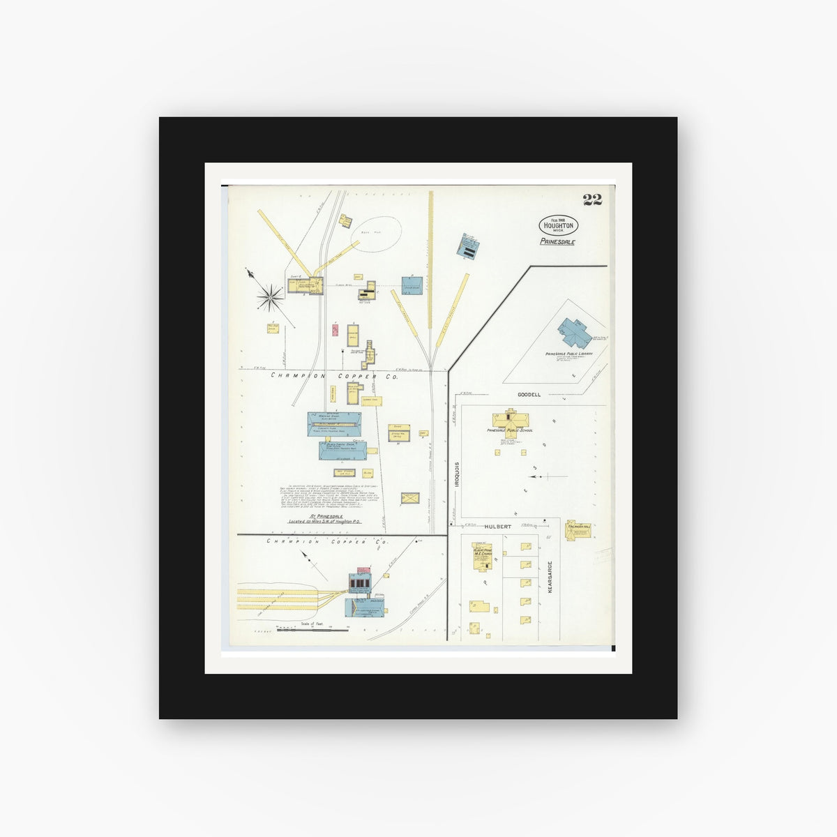 Old map wall art mockup — black gallery frame with white mat — Sanborn Fire Insurance Map from Houghton, Houghton County, Michigan (1908), Sheet #0022