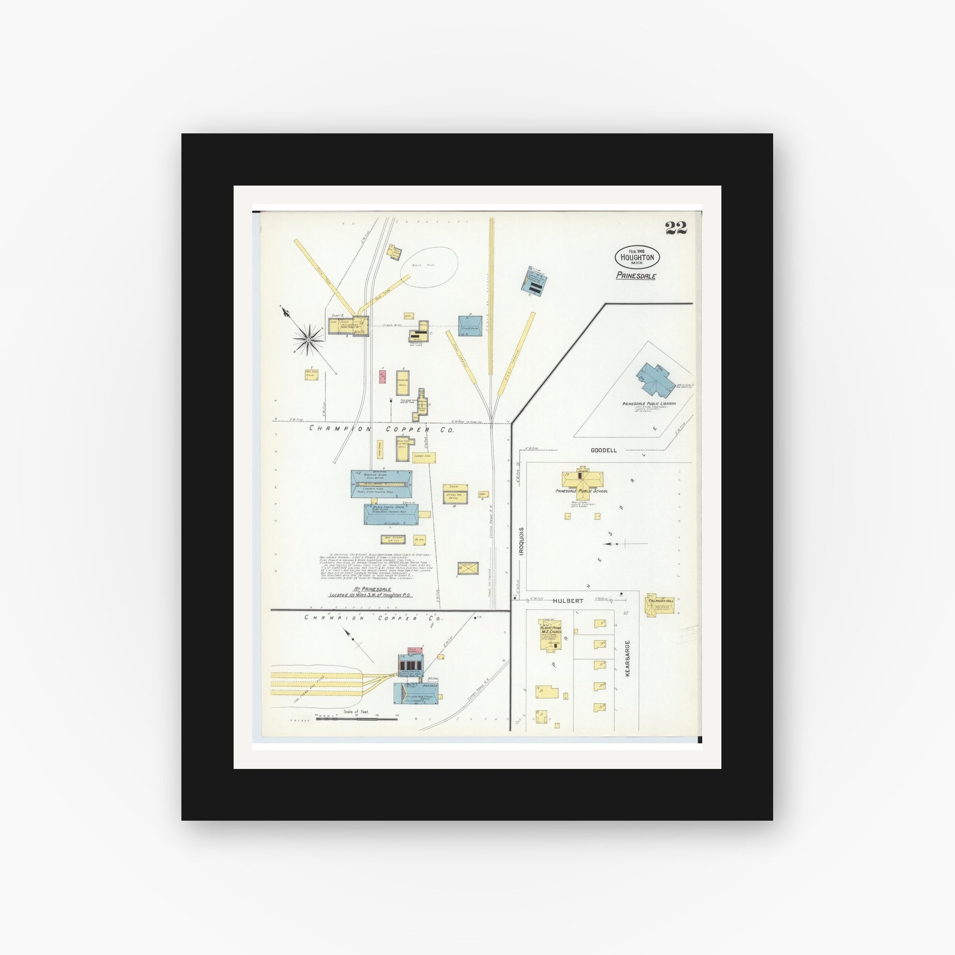 Old map wall art mockup — black gallery frame with white mat — Sanborn Fire Insurance Map from Houghton, Houghton County, Michigan (1908), Sheet #0022