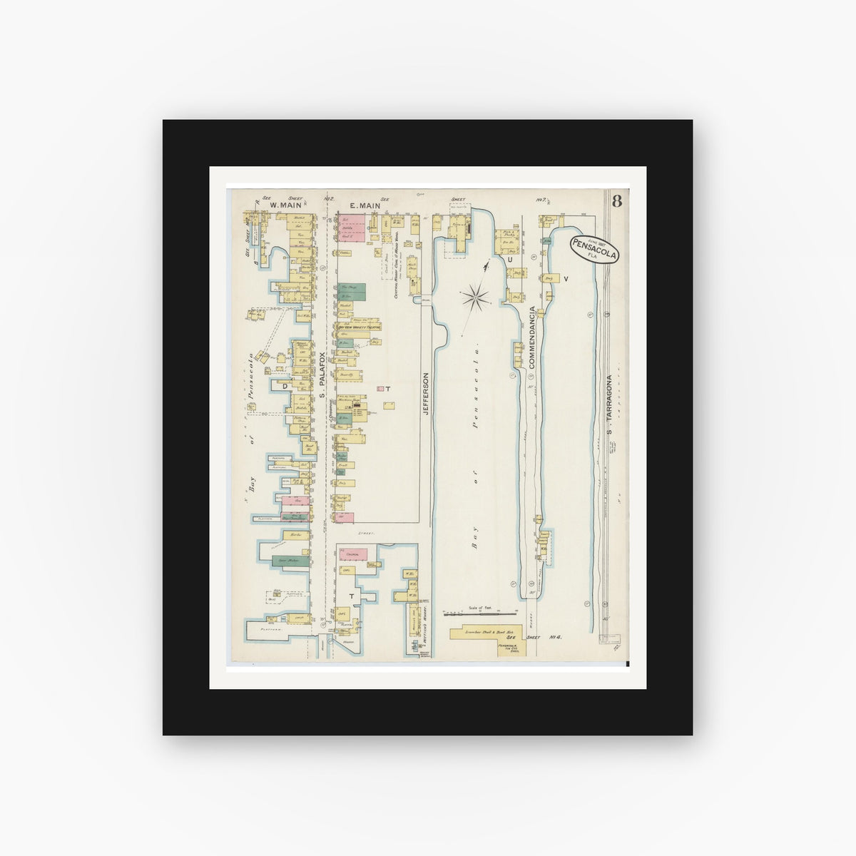 Old map wall art mockup — black gallery frame with white mat — Sanborn Fire Insurance Map from Pensacola, Escambia County, Florida (1887), Sheet #0008
