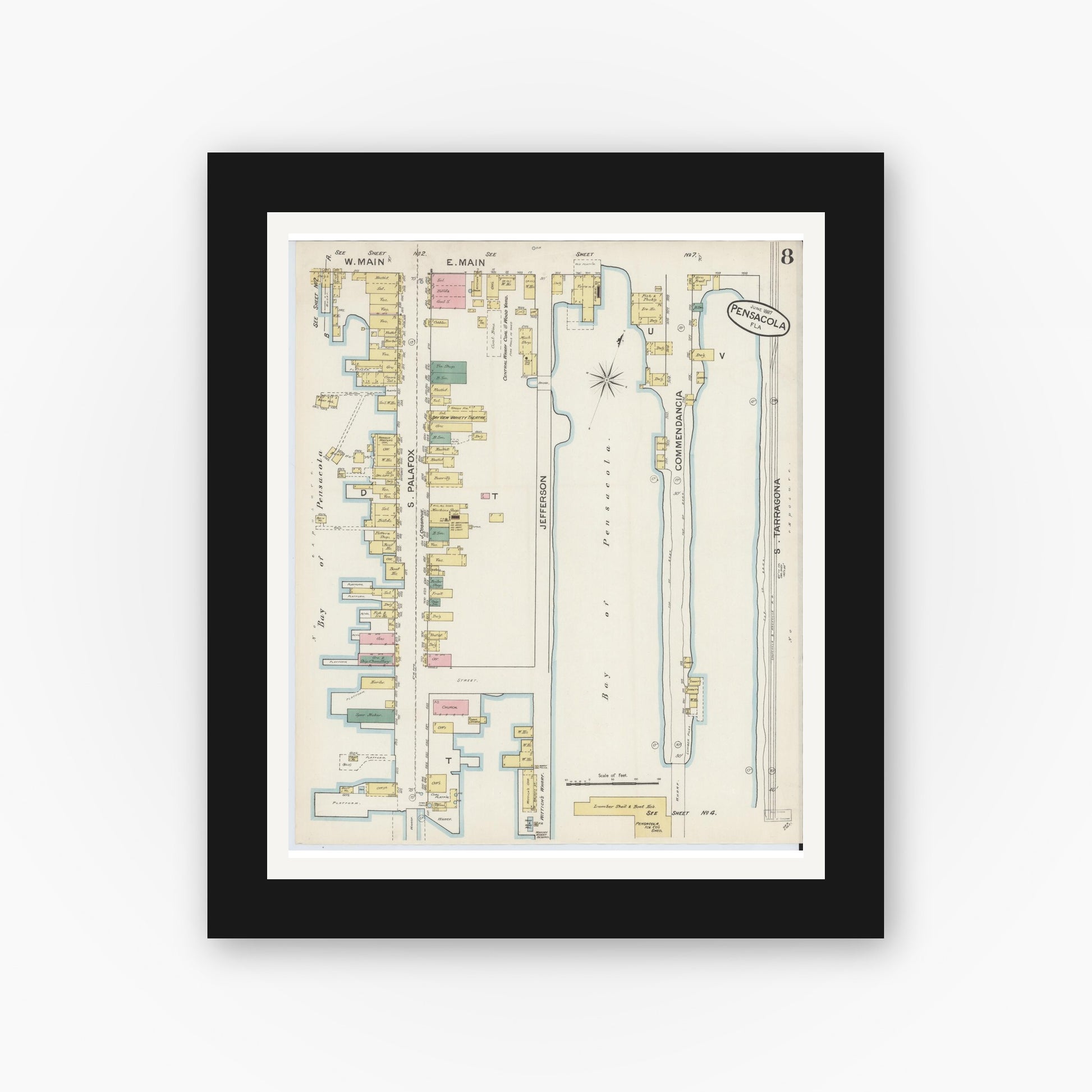 Old map wall art mockup — black gallery frame with white mat — Sanborn Fire Insurance Map from Pensacola, Escambia County, Florida (1887), Sheet #0008