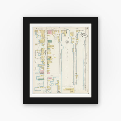 Old map wall art mockup — black gallery frame with white mat — Sanborn Fire Insurance Map from Pensacola, Escambia County, Florida (1887), Sheet #0008