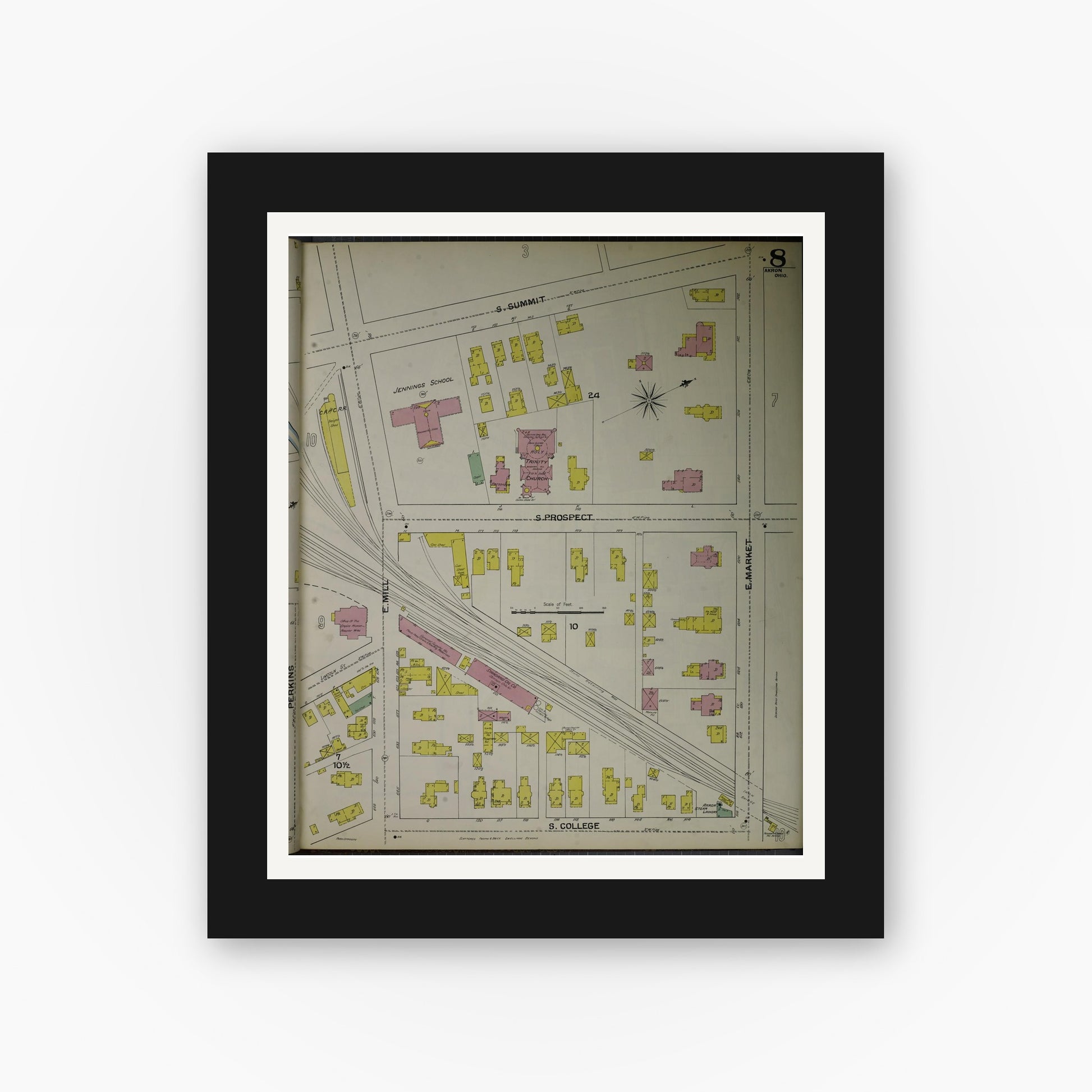 Old map wall art mockup — black gallery frame with white mat — Sanborn Fire Insurance Map from Akron, Summit County, Ohio (1892), Sheet #0008