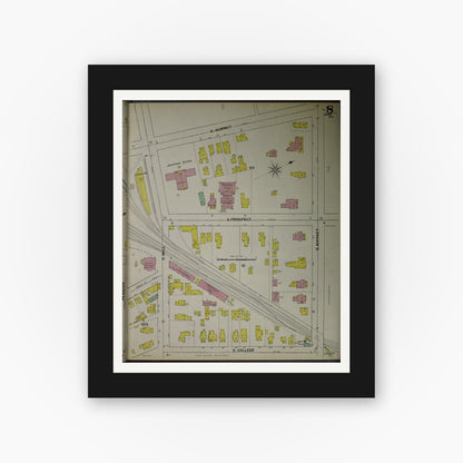 Old map wall art mockup — black gallery frame with white mat — Sanborn Fire Insurance Map from Akron, Summit County, Ohio (1892), Sheet #0008