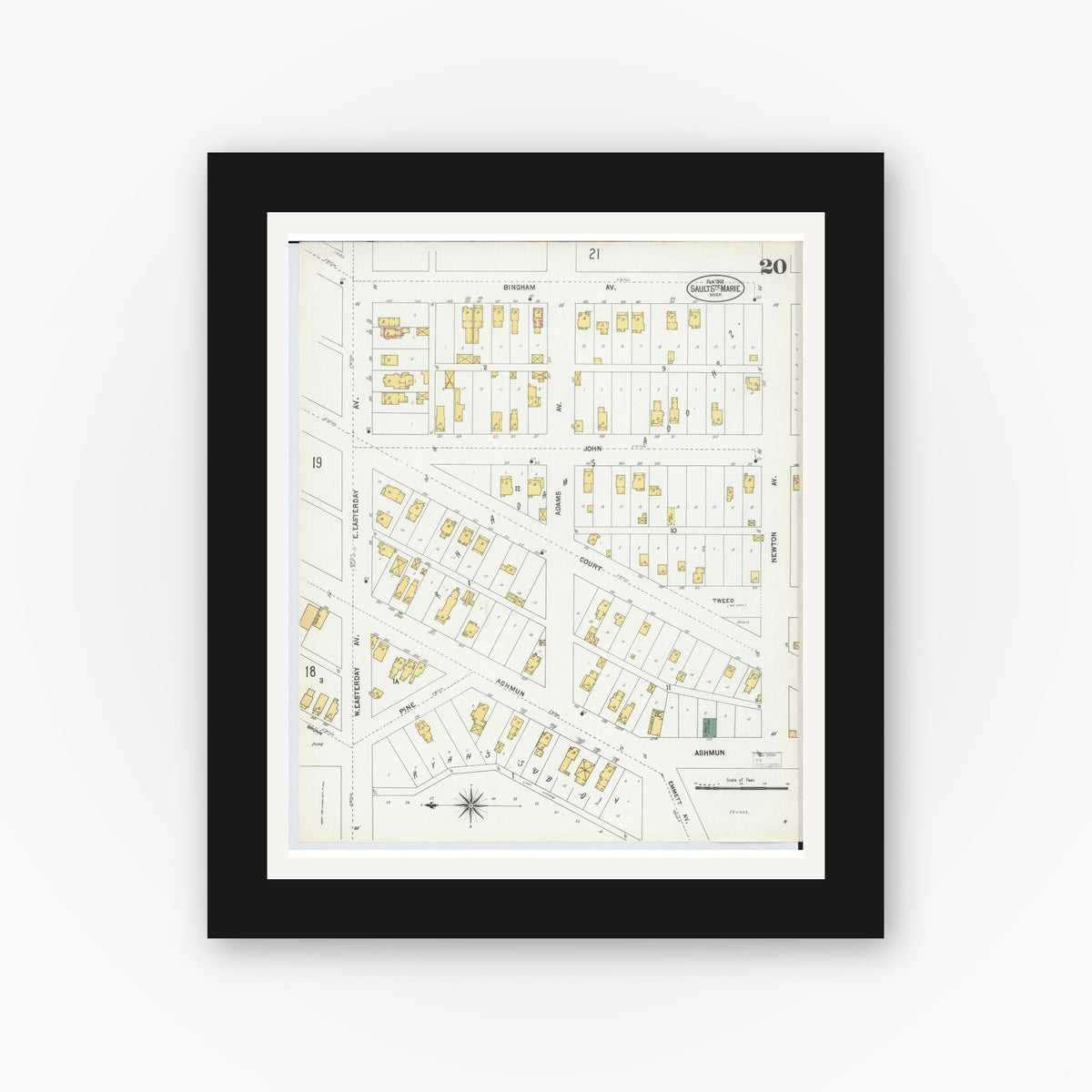 Old map wall art mockup — black gallery frame with white mat — Sanborn Fire Insurance Map from Sault Sainte Marie, Chippewa County, Michigan (1902), Sheet #0020