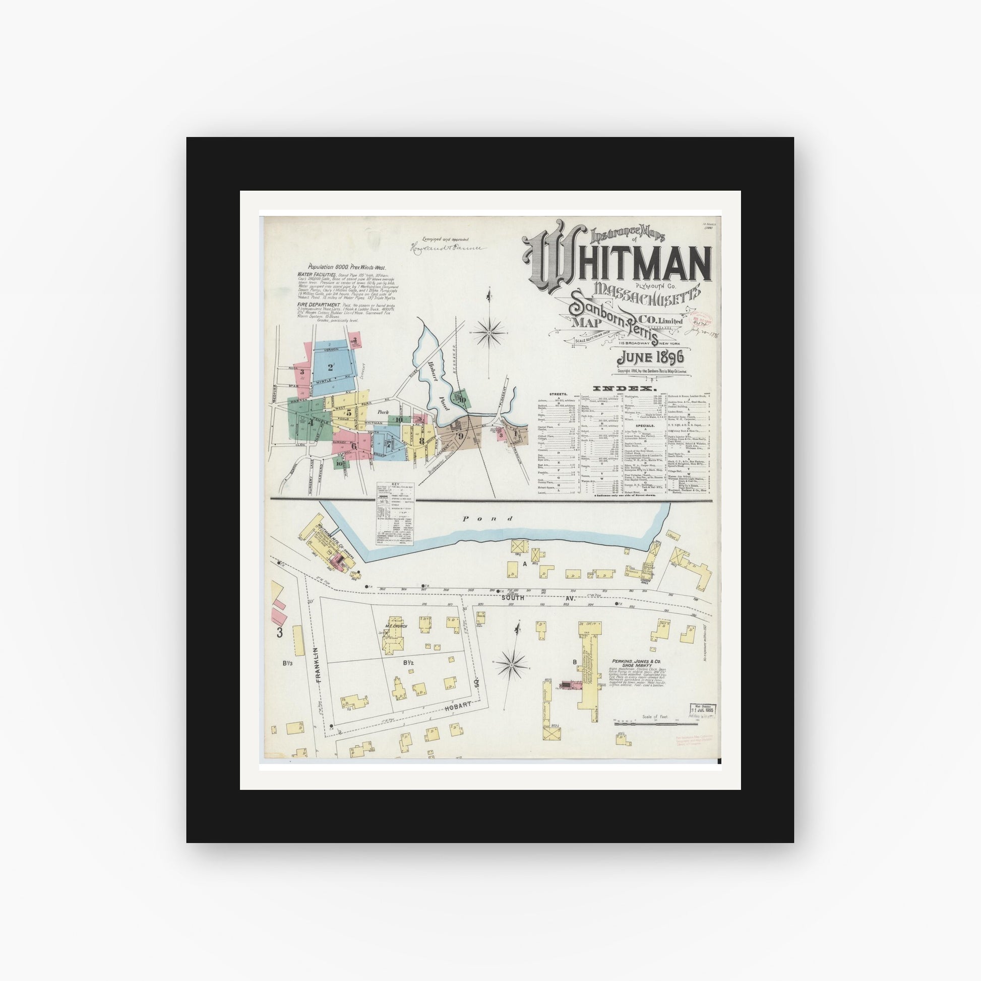 Old map wall art mockup — black gallery frame with white mat — Sanborn Fire Insurance Map from Whitman, Plymouth County, Massachusetts (1896) - Complete Map Set
