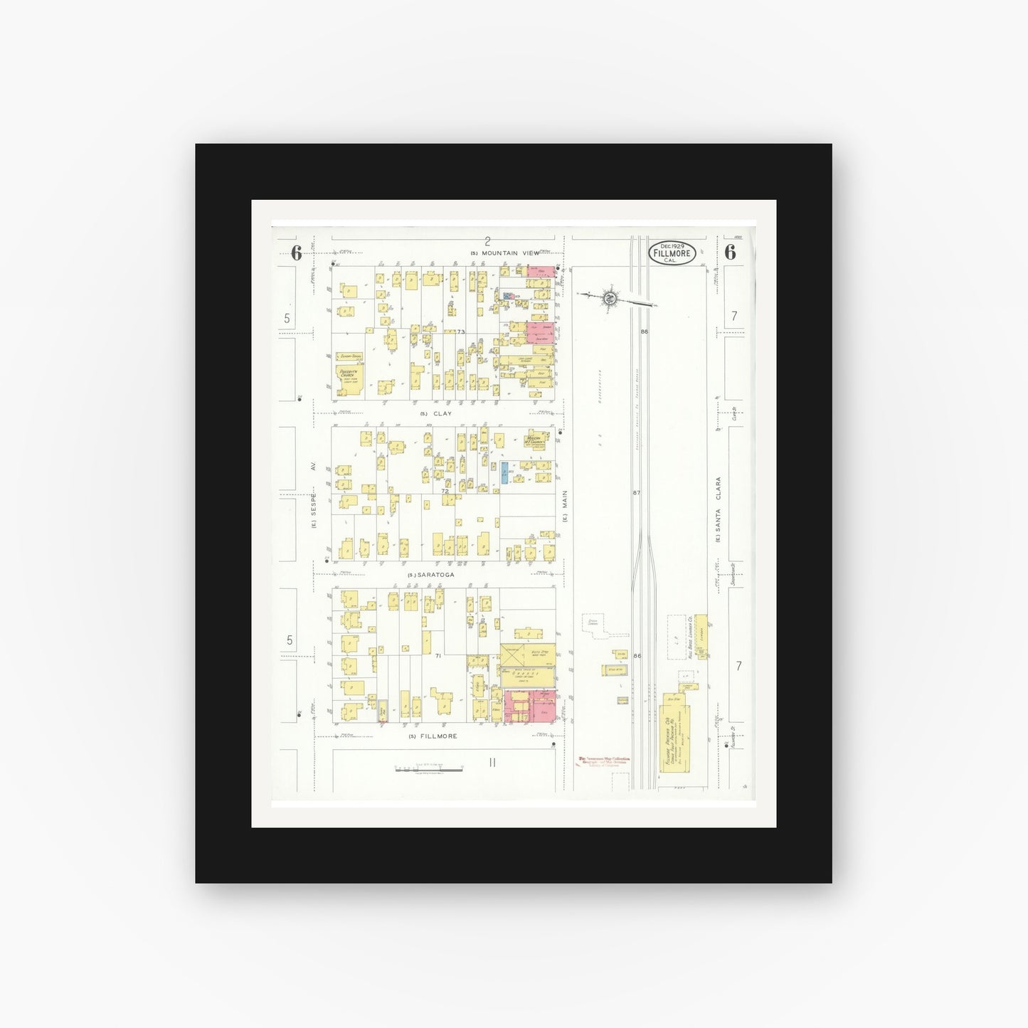 Old map wall art mockup — black gallery frame with white mat — Sanborn Fire Insurance Map from Fillmore, Ventura County, California (1929), Sheet #0006