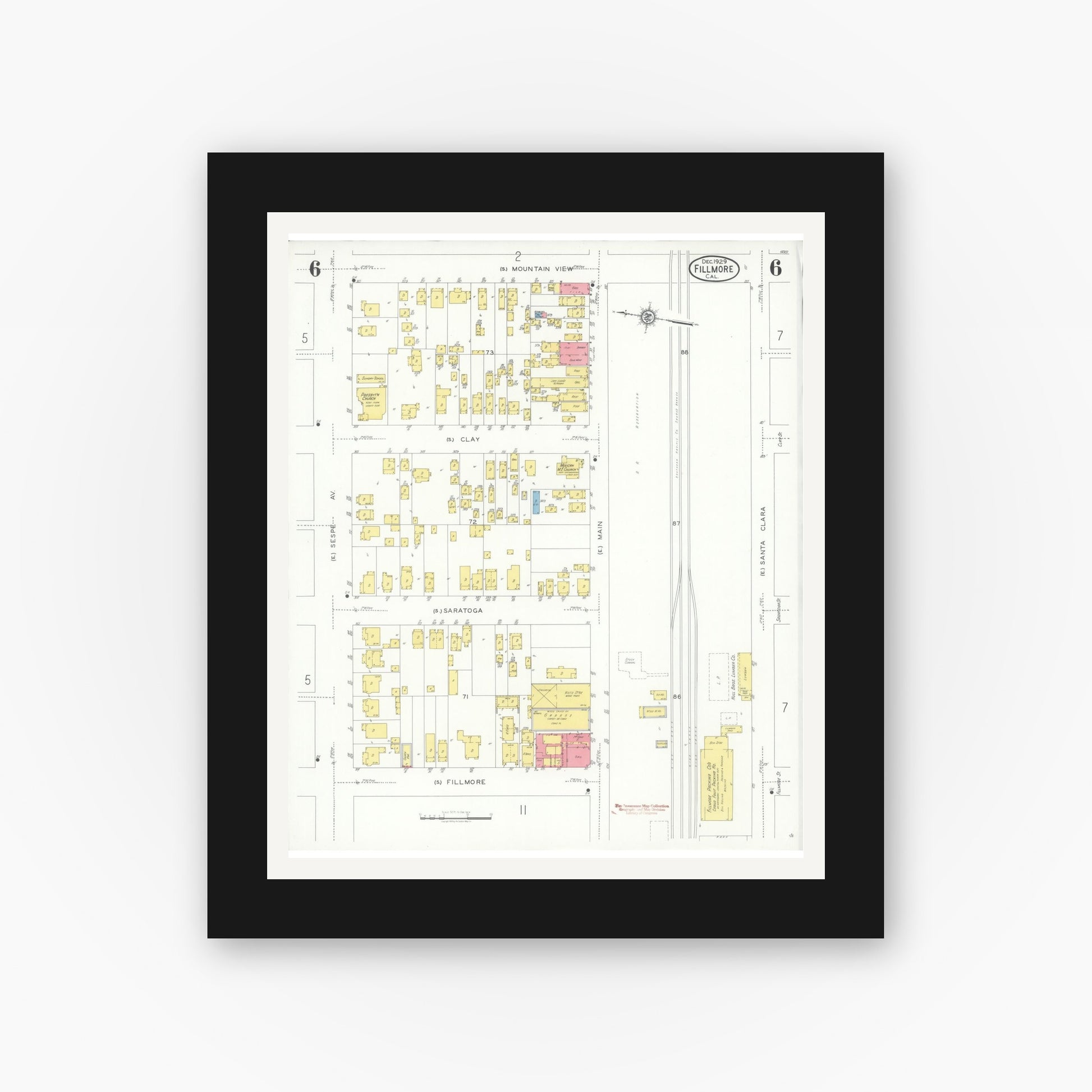 Old map wall art mockup — black gallery frame with white mat — Sanborn Fire Insurance Map from Fillmore, Ventura County, California (1929), Sheet #0006