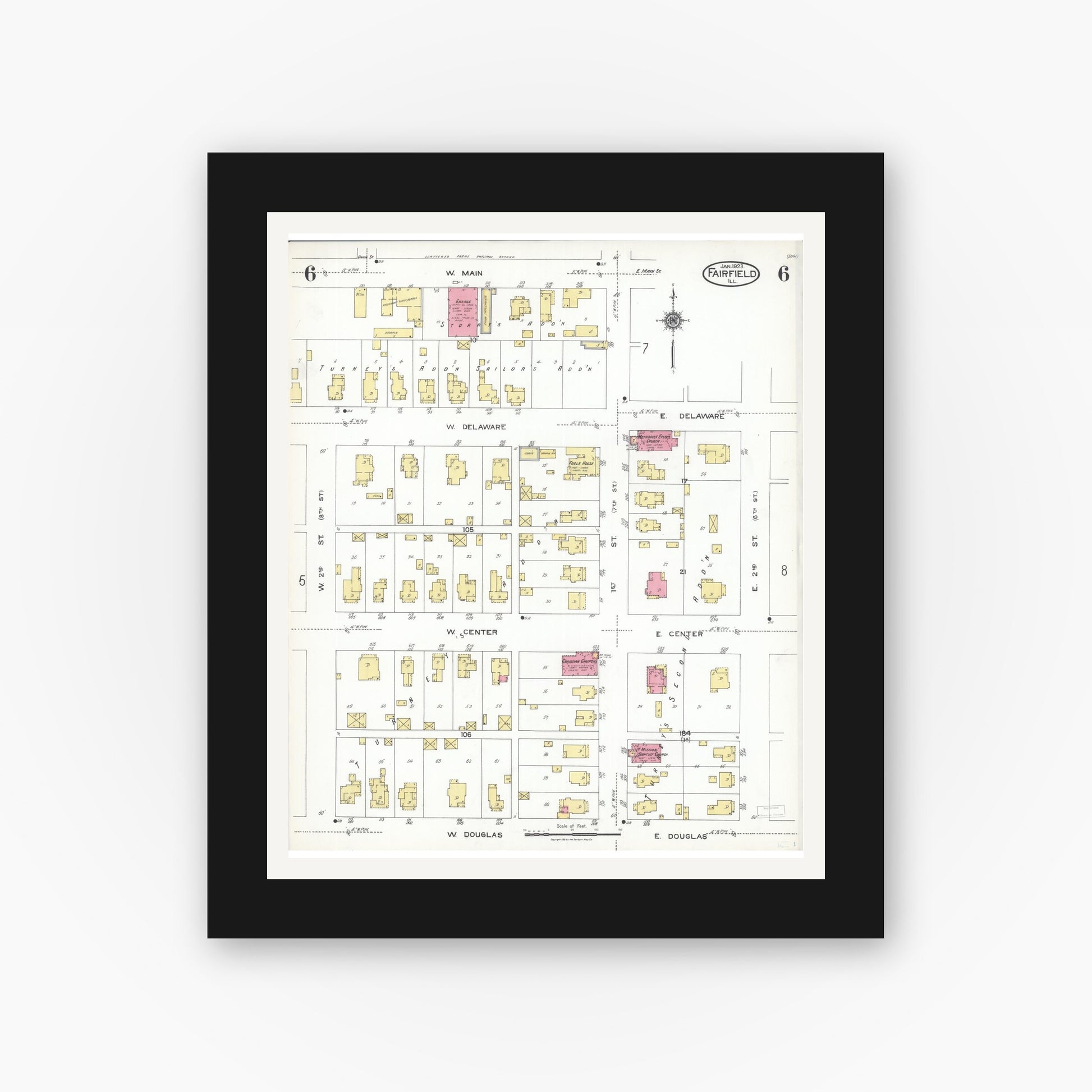 Old map wall art mockup — black gallery frame with white mat — Sanborn Fire Insurance Map from Fairfield, Wayne County, Illinois (1923), Sheet #0006
