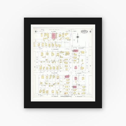Old map wall art mockup — black gallery frame with white mat — Sanborn Fire Insurance Map from Fairfield, Wayne County, Illinois (1923), Sheet #0006