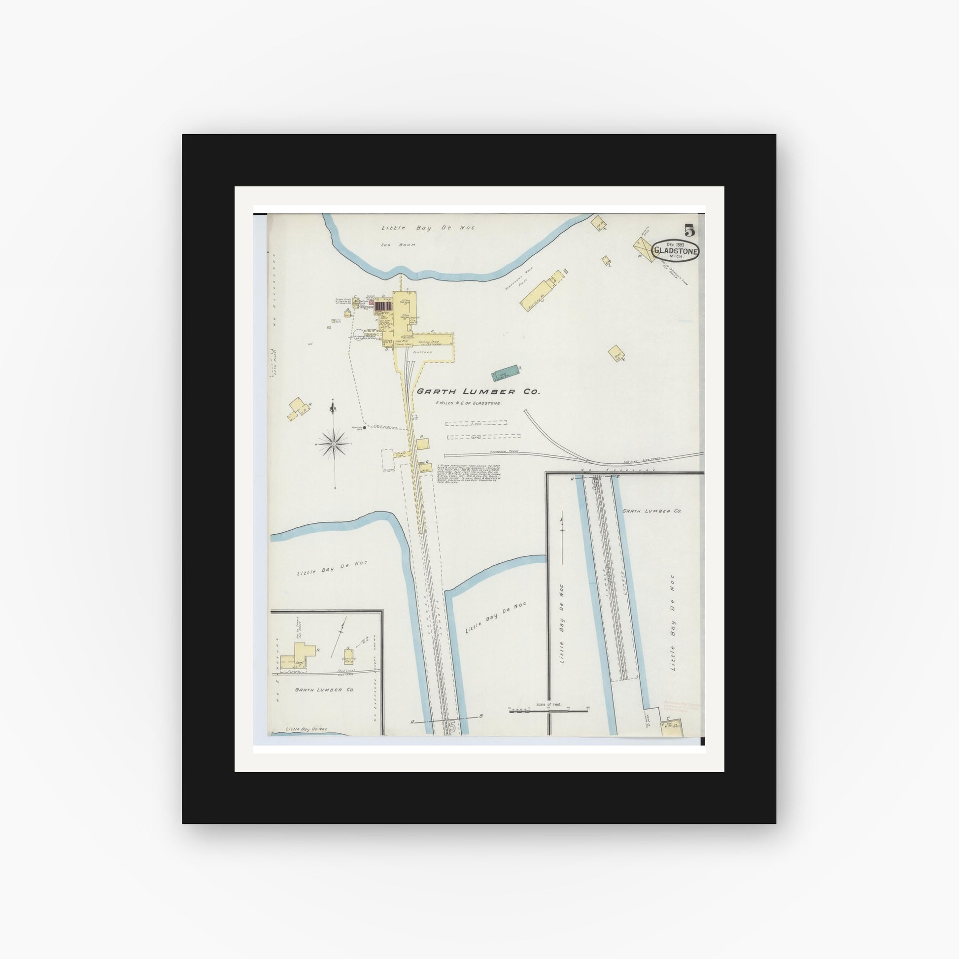 Old map wall art mockup — black gallery frame with white mat — Sanborn Fire Insurance Map from Gladstone, Delta County, Michigan (1893), Sheet #0005
