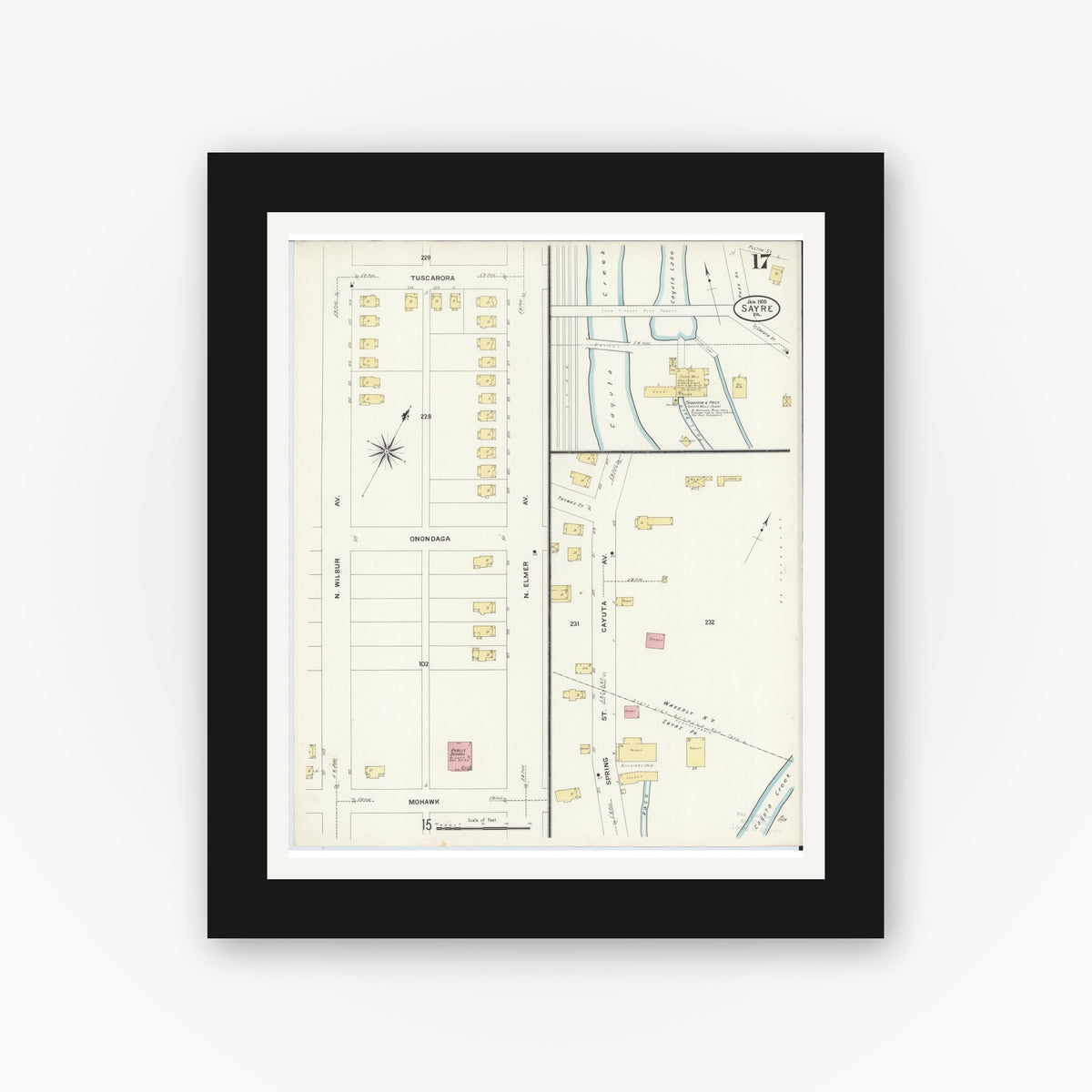 Old map wall art mockup — black gallery frame with white mat — Sanborn Fire Insurance Map from Sayre, Bradford County, Pennsylvania (1909), Sheet #0017