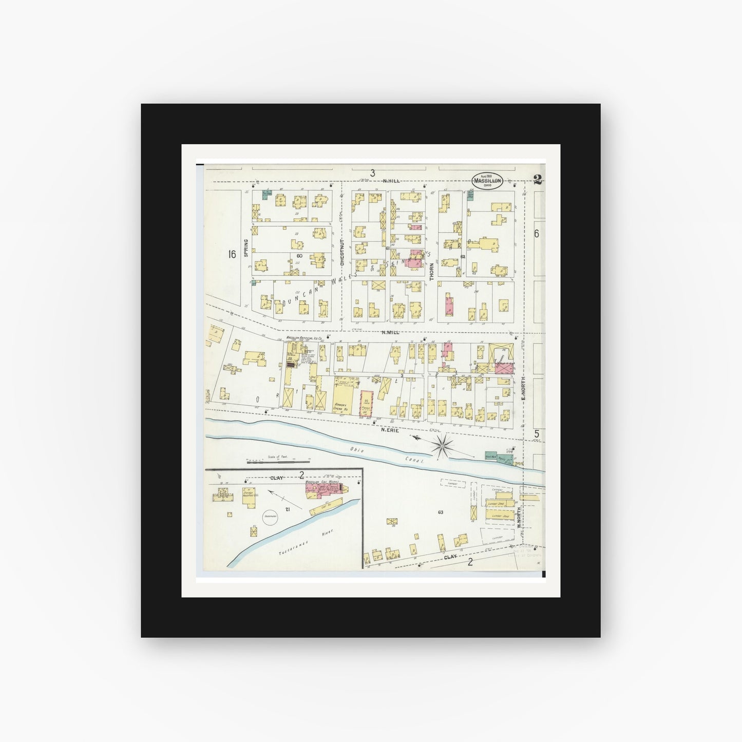 Old map wall art mockup — black gallery frame with white mat — Sanborn Fire Insurance Map from Massillon, Stark County, Ohio (1901), Sheet #0002