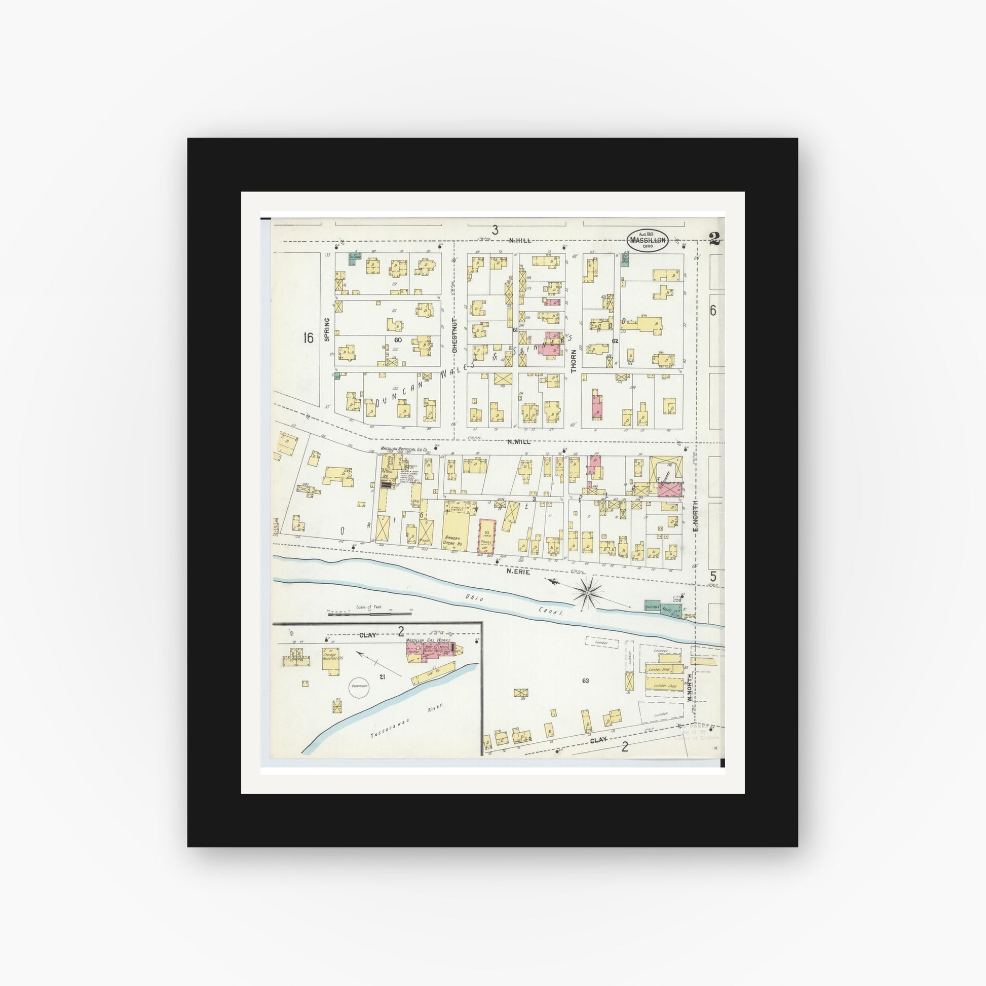 Old map wall art mockup — black gallery frame with white mat — Sanborn Fire Insurance Map from Massillon, Stark County, Ohio (1901), Sheet #0002