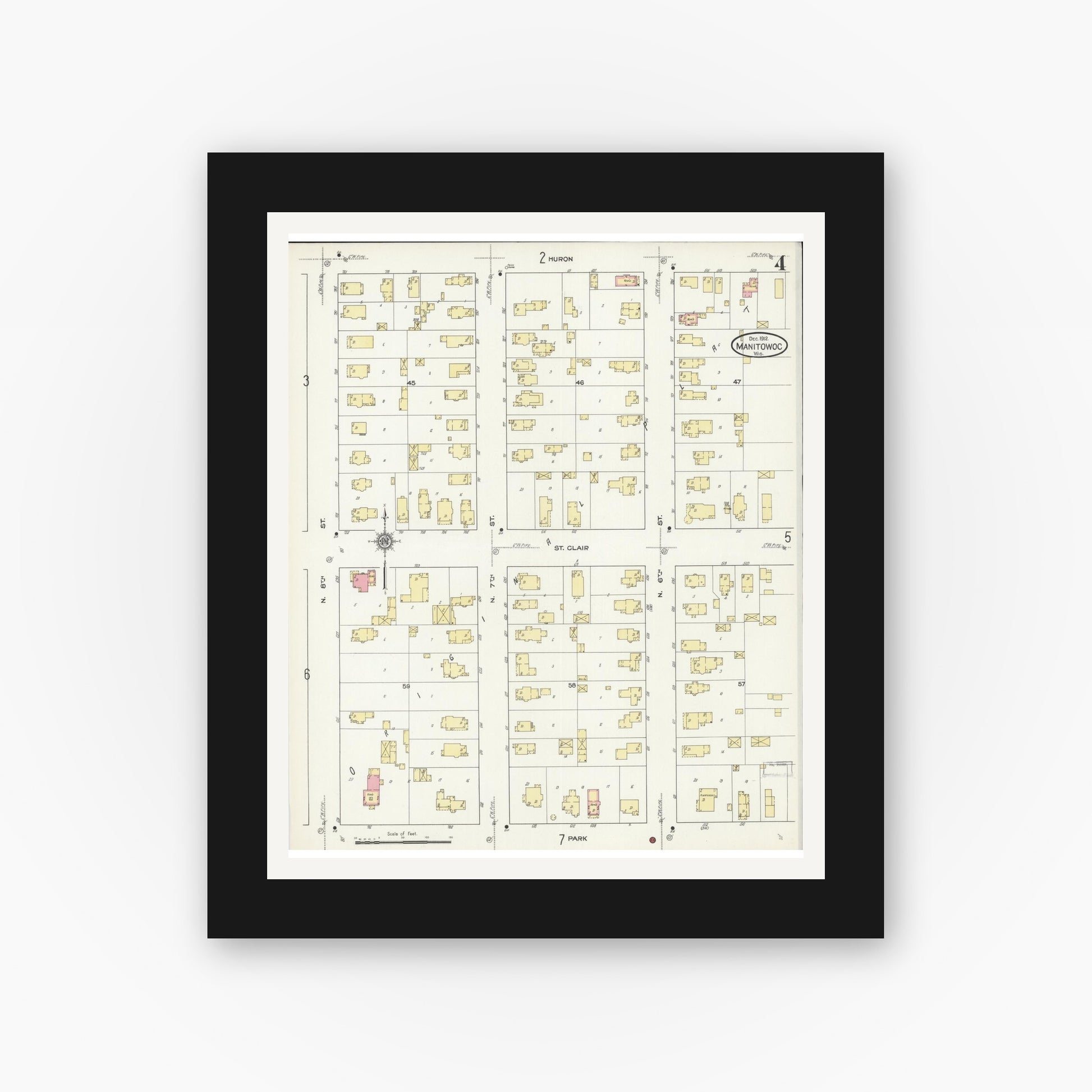 Old map wall art mockup — black gallery frame with white mat — Sanborn Fire Insurance Map from Manitowoc, Manitowoc County, Wisconsin (1912), Sheet #0004