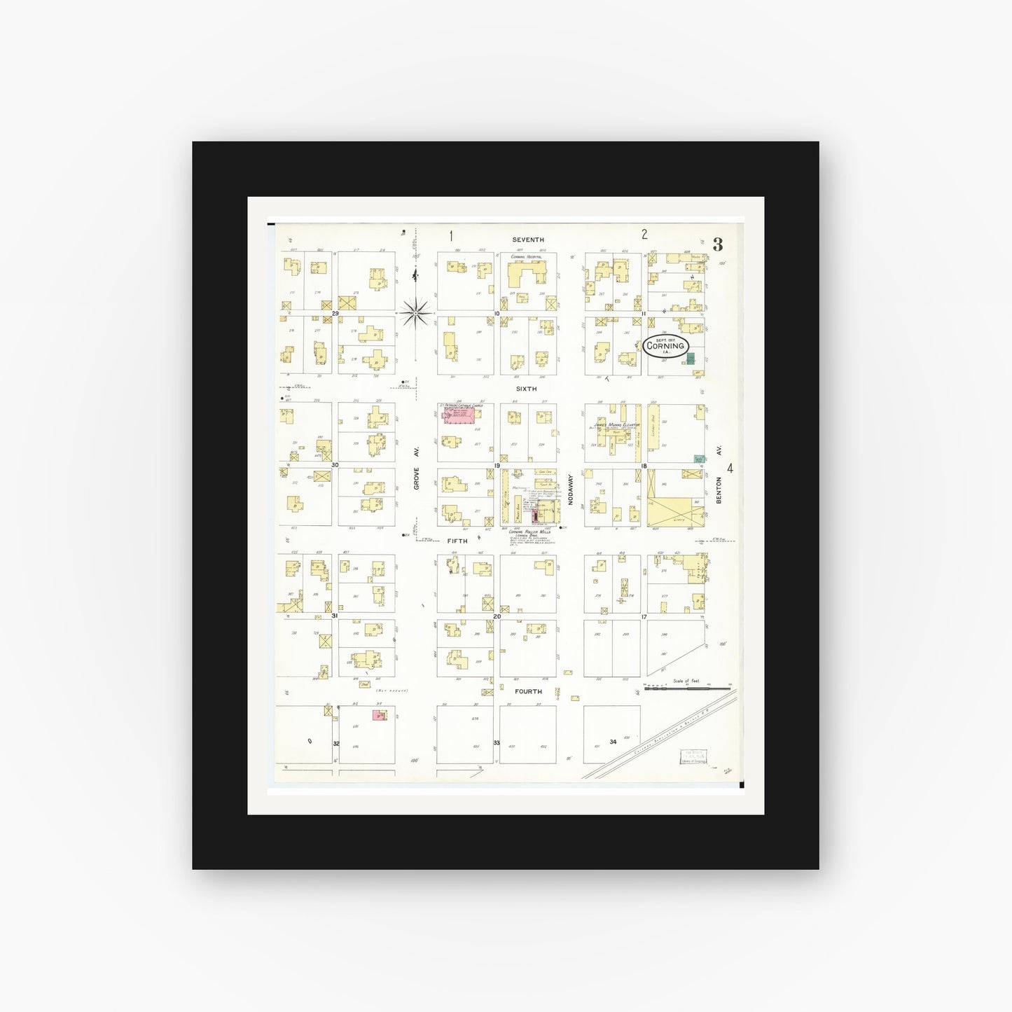 Old map wall art mockup — black gallery frame with white mat — Sanborn Fire Insurance Map from Corning, Adams County, Iowa (1907), Sheet #0003