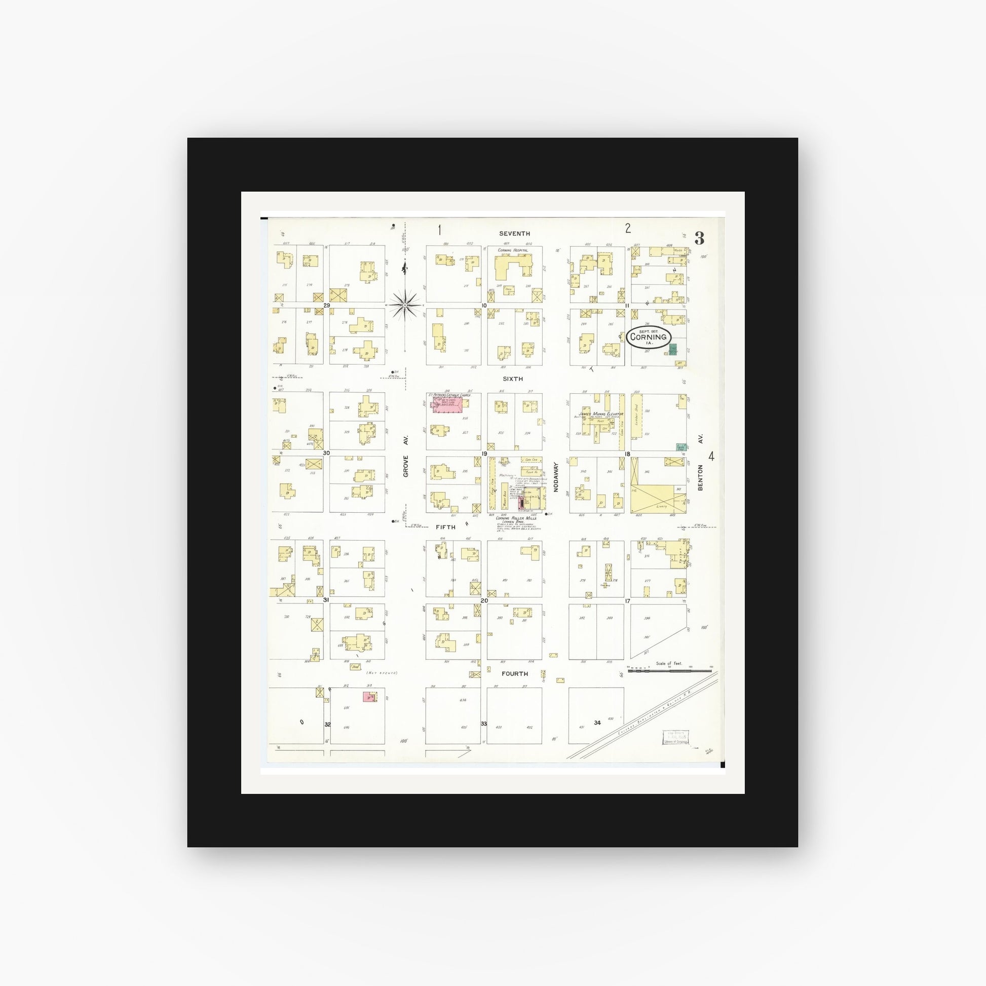 Old map wall art mockup — black gallery frame with white mat — Sanborn Fire Insurance Map from Corning, Adams County, Iowa (1907), Sheet #0003