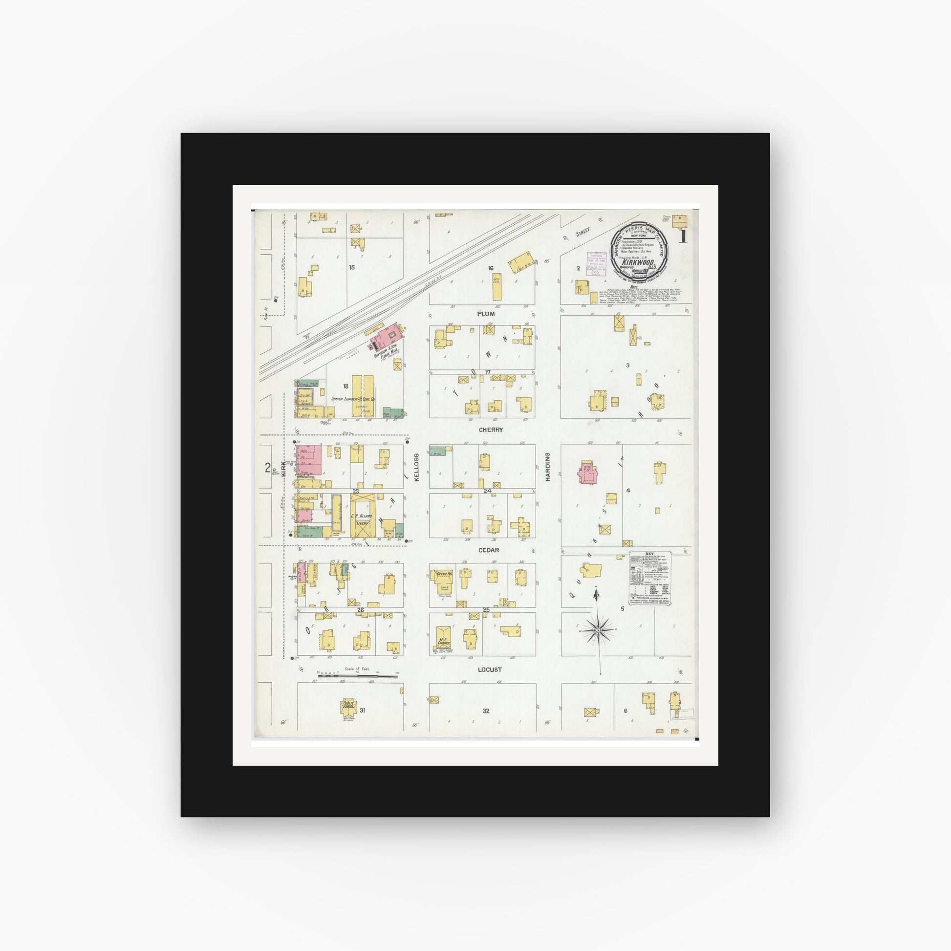 Old map wall art mockup — black gallery frame with white mat — Sanborn Fire Insurance Map from Kirkwood, Warren County, Illinois (1901), Sheet #0001