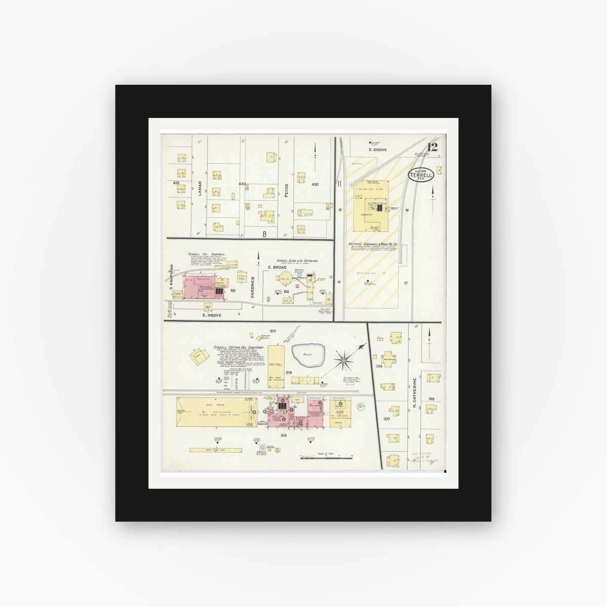 Old map wall art mockup — black gallery frame with white mat — Sanborn Fire Insurance Map from Terrell, Kaufman County, Texas (1909), Sheet #0012