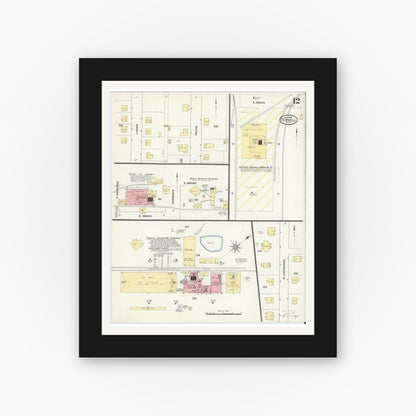 Old map wall art mockup — black gallery frame with white mat — Sanborn Fire Insurance Map from Terrell, Kaufman County, Texas (1909), Sheet #0012