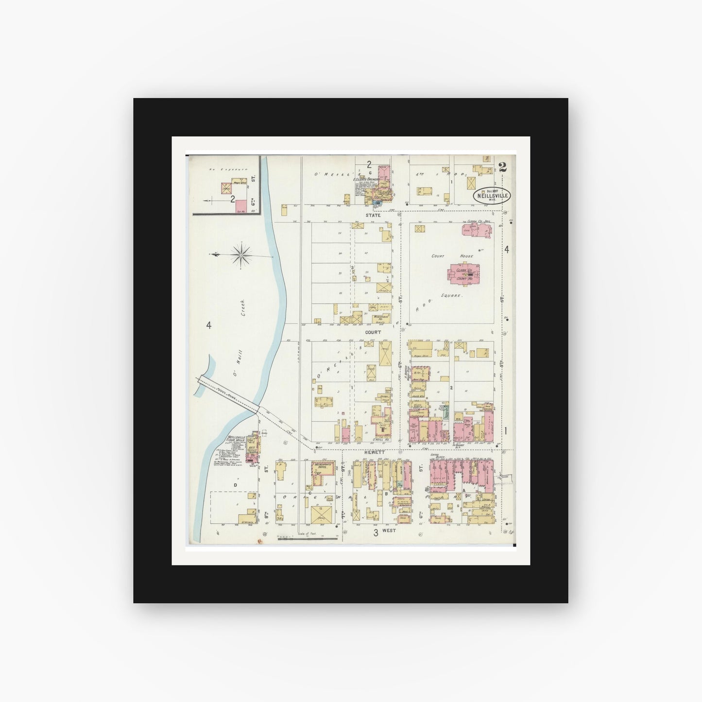 Old map wall art mockup — black gallery frame with white mat — Sanborn Fire Insurance Map from Neillsville, Clark County, Wisconsin (1897), Sheet #0002