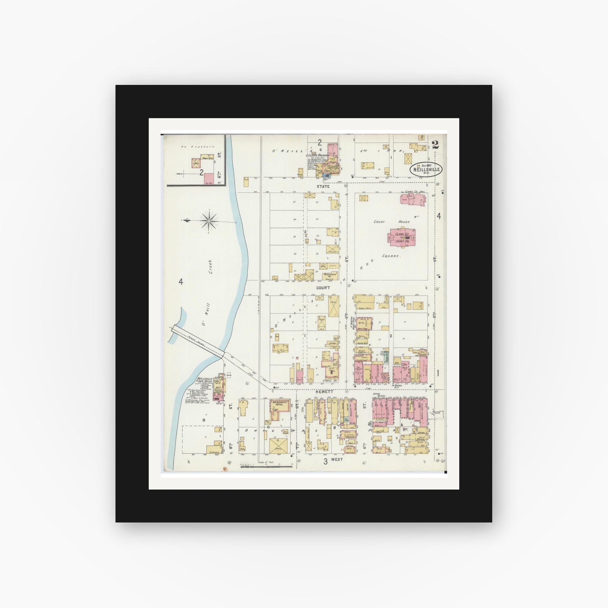 Old map wall art mockup — black gallery frame with white mat — Sanborn Fire Insurance Map from Neillsville, Clark County, Wisconsin (1897), Sheet #0002