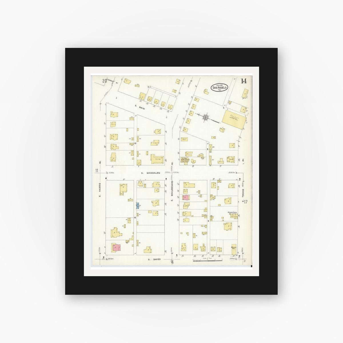 Old map wall art mockup — black gallery frame with white mat — Sanborn Fire Insurance Map from San Angelo, Tom Green County, Texas (1913), Sheet #0014