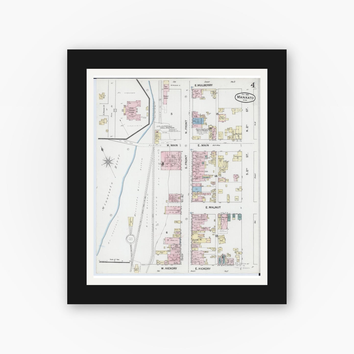 Old map wall art mockup — black gallery frame with white mat — Sanborn Fire Insurance Map from Mankato, Blue Earth County, Minnesota (1889), Sheet #0004