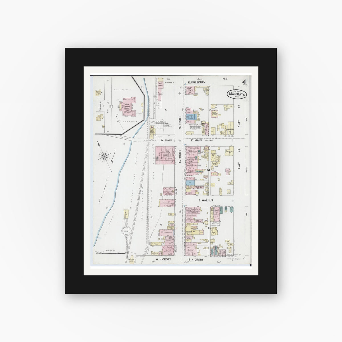 Old map wall art mockup — black gallery frame with white mat — Sanborn Fire Insurance Map from Mankato, Blue Earth County, Minnesota (1889), Sheet #0004