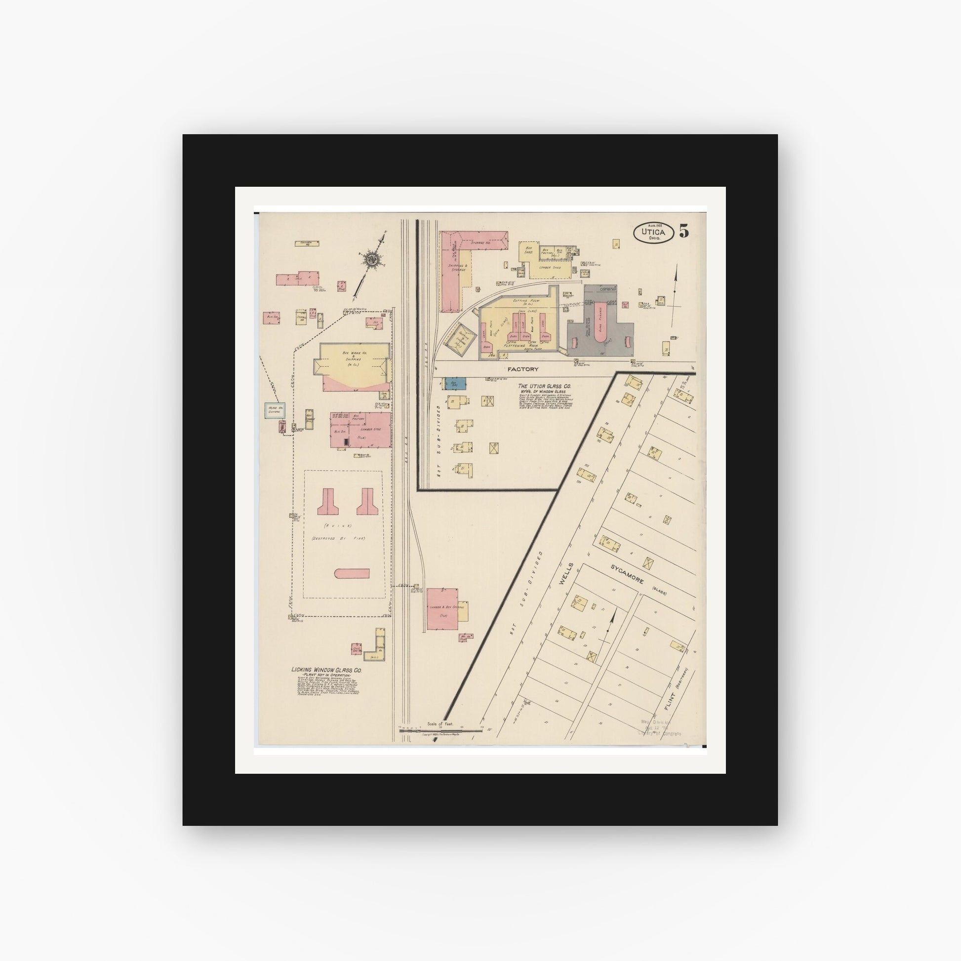 Old map wall art mockup — black gallery frame with white mat — Sanborn Fire Insurance Map from Utica, Licking County, Ohio (1922), Sheet #0005