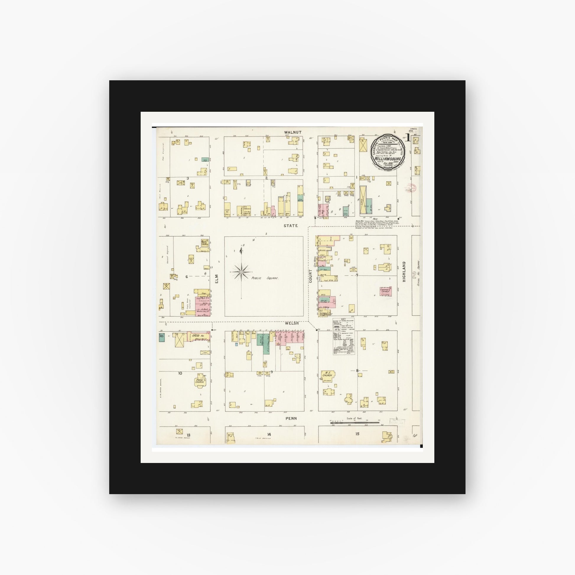 Old map wall art mockup — black gallery frame with white mat — Sanborn Fire Insurance Map from Williamsburg, Iowa County, Iowa (1895) â€” Complete Set
