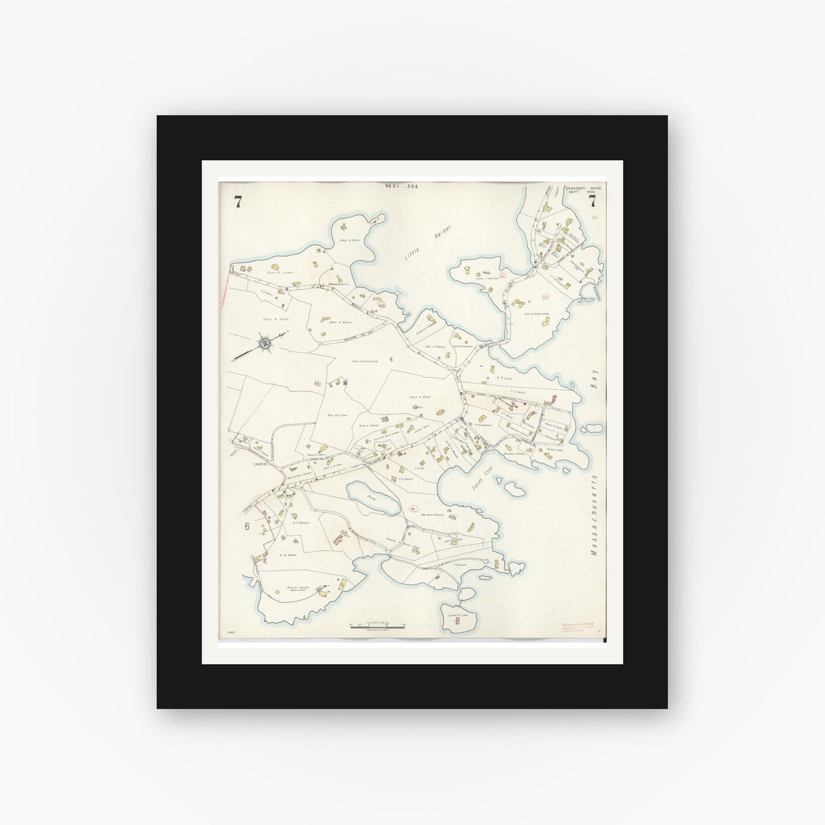 Old map wall art mockup — black gallery frame with white mat — Sanborn Fire Insurance Map from Cohasset, Norfolk County, Massachusetts (1940), Sheet #0007