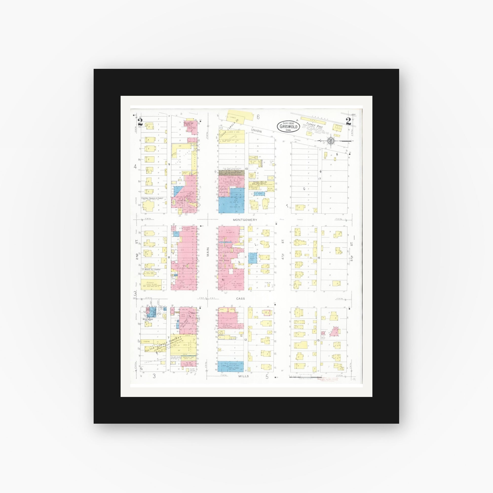 Old map wall art mockup — black gallery frame with white mat — Sanborn Fire Insurance Map from Griswold, Cass County, Iowa (1930), Sheet #0002