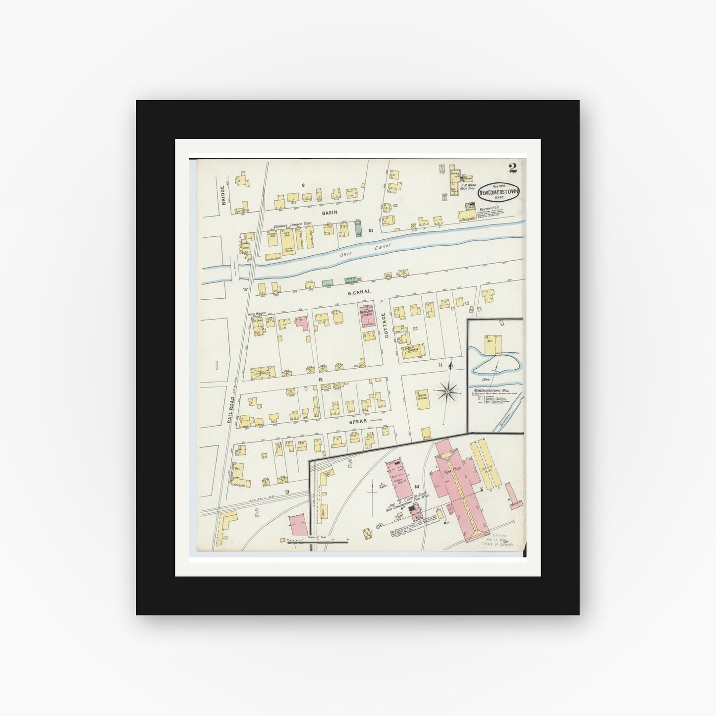 Old map wall art mockup — black gallery frame with white mat — Sanborn Fire Insurance Map from Newcomerstown, Tuscarawas County, Ohio (1895), Sheet #0002
