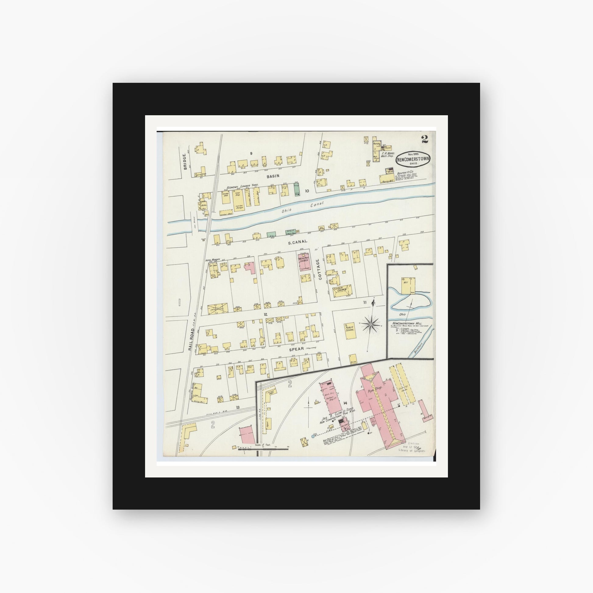 Old map wall art mockup — black gallery frame with white mat — Sanborn Fire Insurance Map from Newcomerstown, Tuscarawas County, Ohio (1895), Sheet #0002