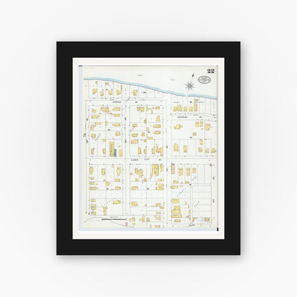 Old map wall art mockup — black gallery frame with white mat — Sanborn Fire Insurance Map from Lorain, Lorain County, Ohio (1905), Sheet #0022