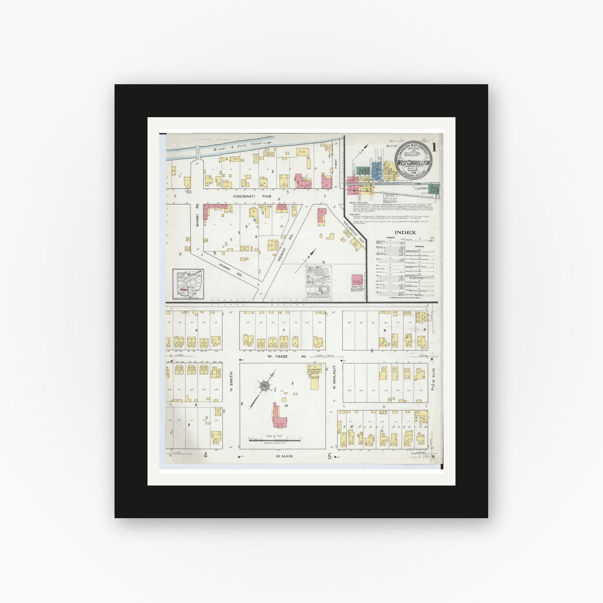 Old map wall art mockup — black gallery frame with white mat — Sanborn Fire Insurance Map from West Carrollton, Montgomery County, Ohio (1918), Sheet #0001