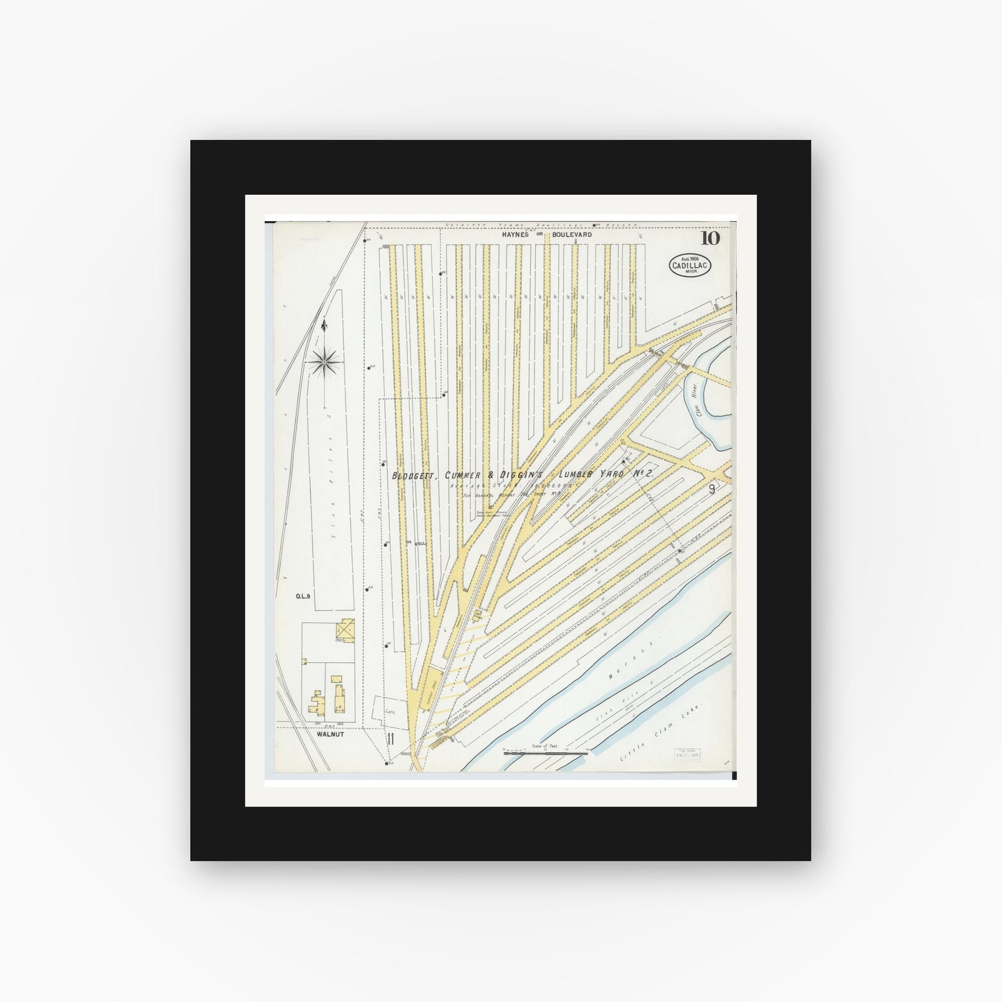 Old map wall art mockup — black gallery frame with white mat — Sanborn Fire Insurance Map from Cadillac, Wexford County, Michigan (1900), Sheet #0010
