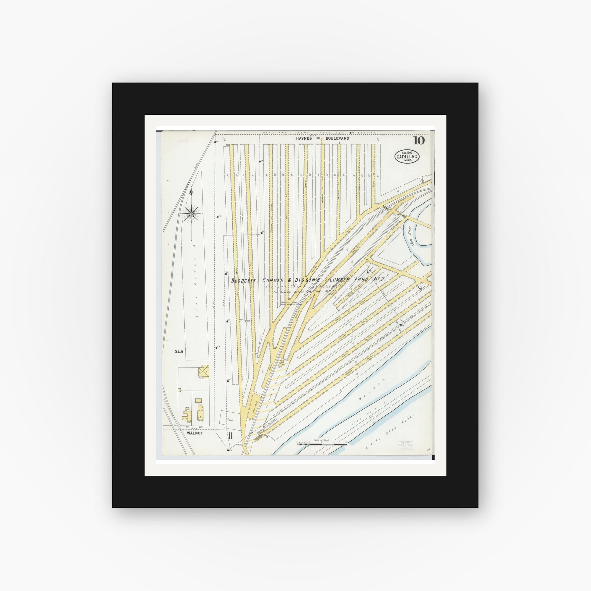 Old map wall art mockup — black gallery frame with white mat — Sanborn Fire Insurance Map from Cadillac, Wexford County, Michigan (1900), Sheet #0010