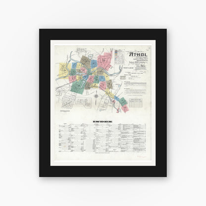 Old map wall art mockup — black gallery frame with white mat — Sanborn Fire Insurance Map from Athol, Worcester County, Massachusetts (1936), Sheet #0001