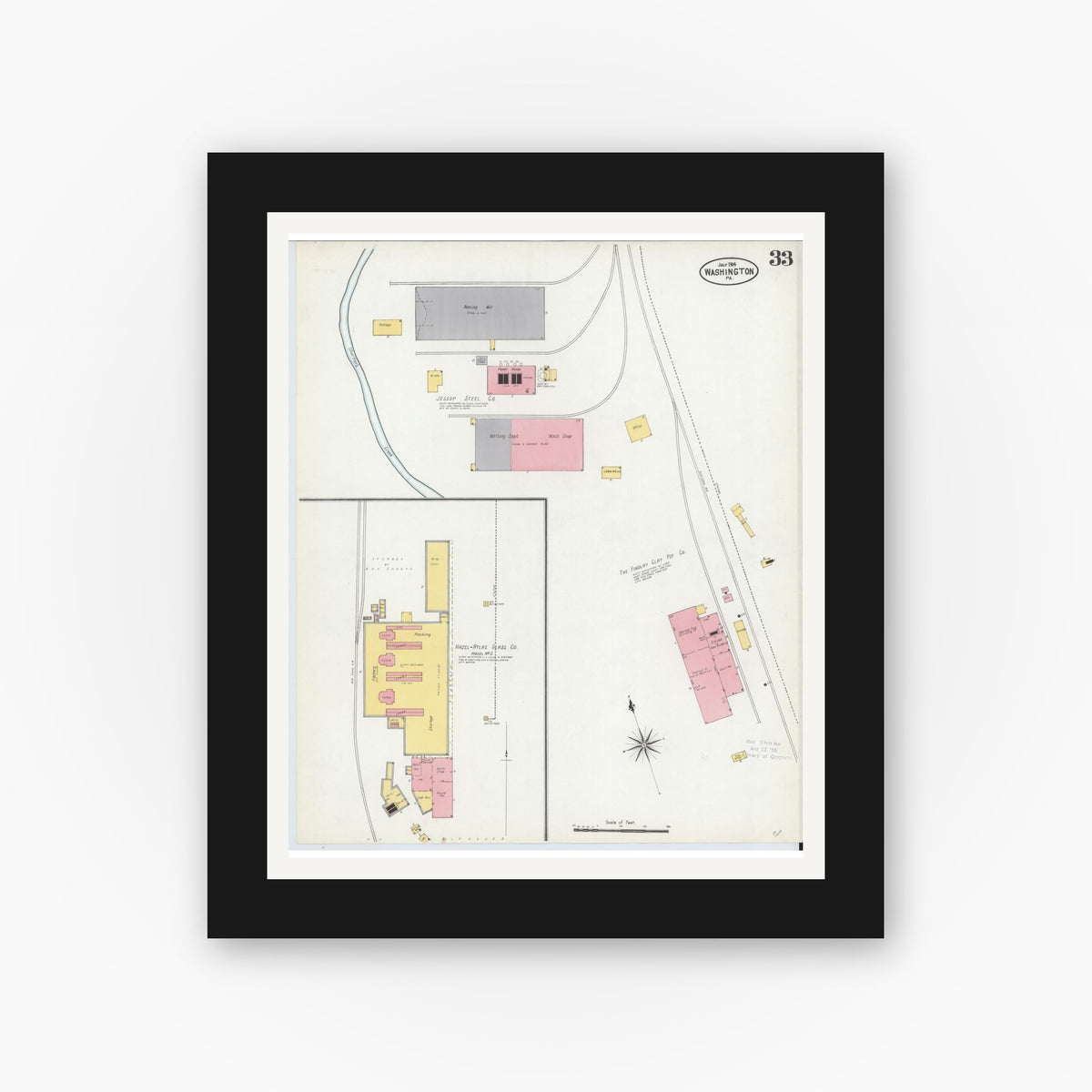 Old map wall art mockup — black gallery frame with white mat — Sanborn Fire Insurance Map from Washington, Washington County, Pennsylvania (1904), Sheet #0033