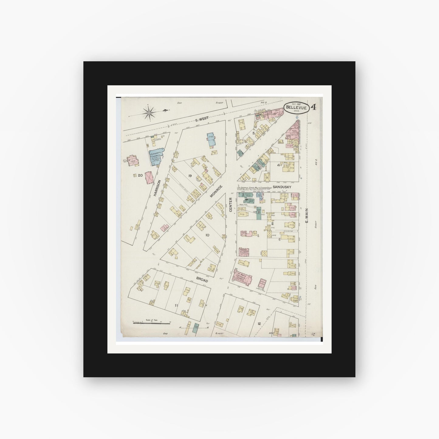 Old map wall art mockup — black gallery frame with white mat — Sanborn Fire Insurance Map from Bellevue, Huron And Sandusky County, Ohio (1887), Sheet #0004