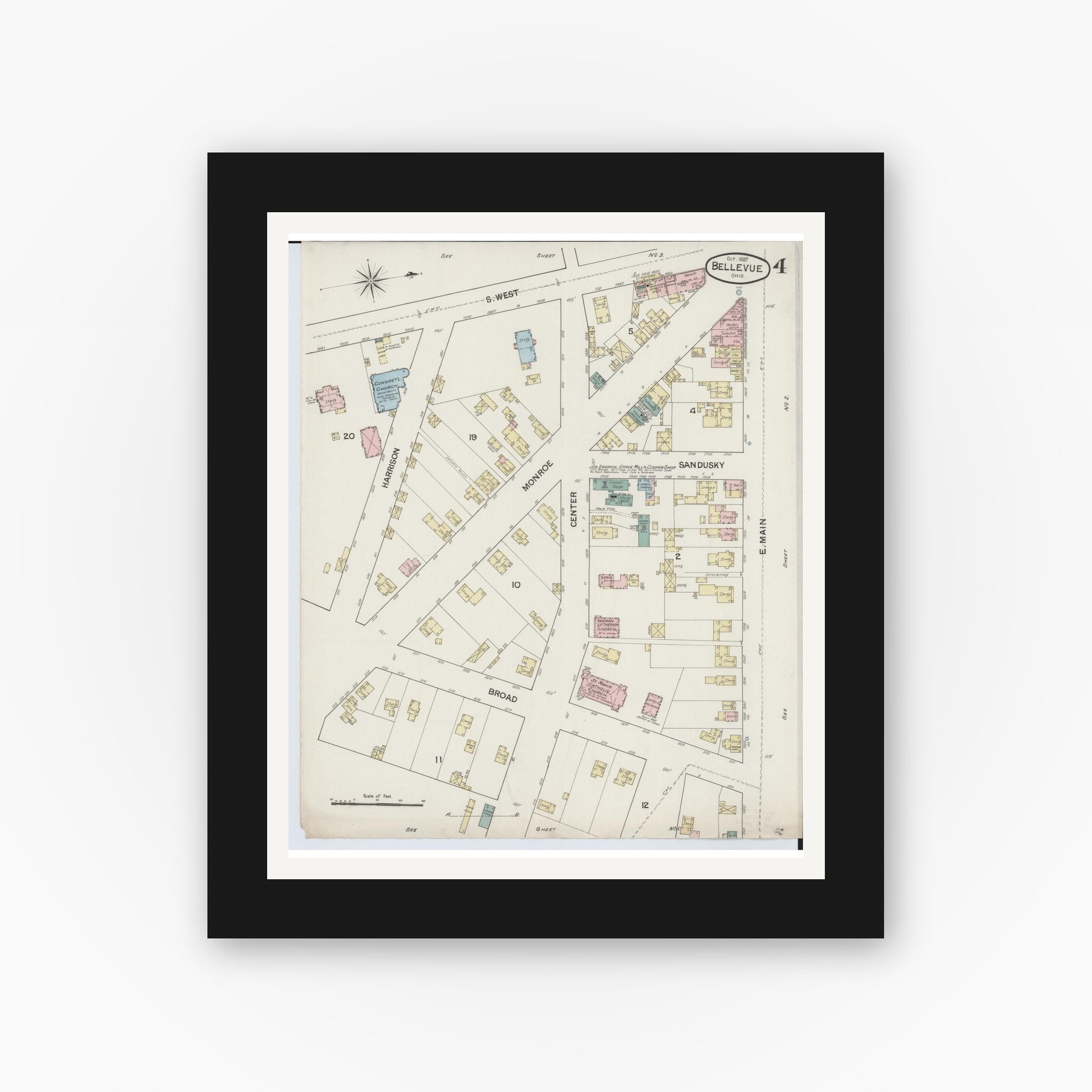 Old map wall art mockup — black gallery frame with white mat — Sanborn Fire Insurance Map from Bellevue, Huron And Sandusky County, Ohio (1887), Sheet #0004