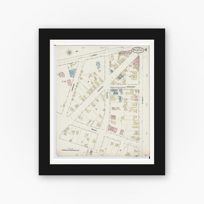 Old map wall art mockup — black gallery frame with white mat — Sanborn Fire Insurance Map from Bellevue, Huron And Sandusky County, Ohio (1887), Sheet #0004