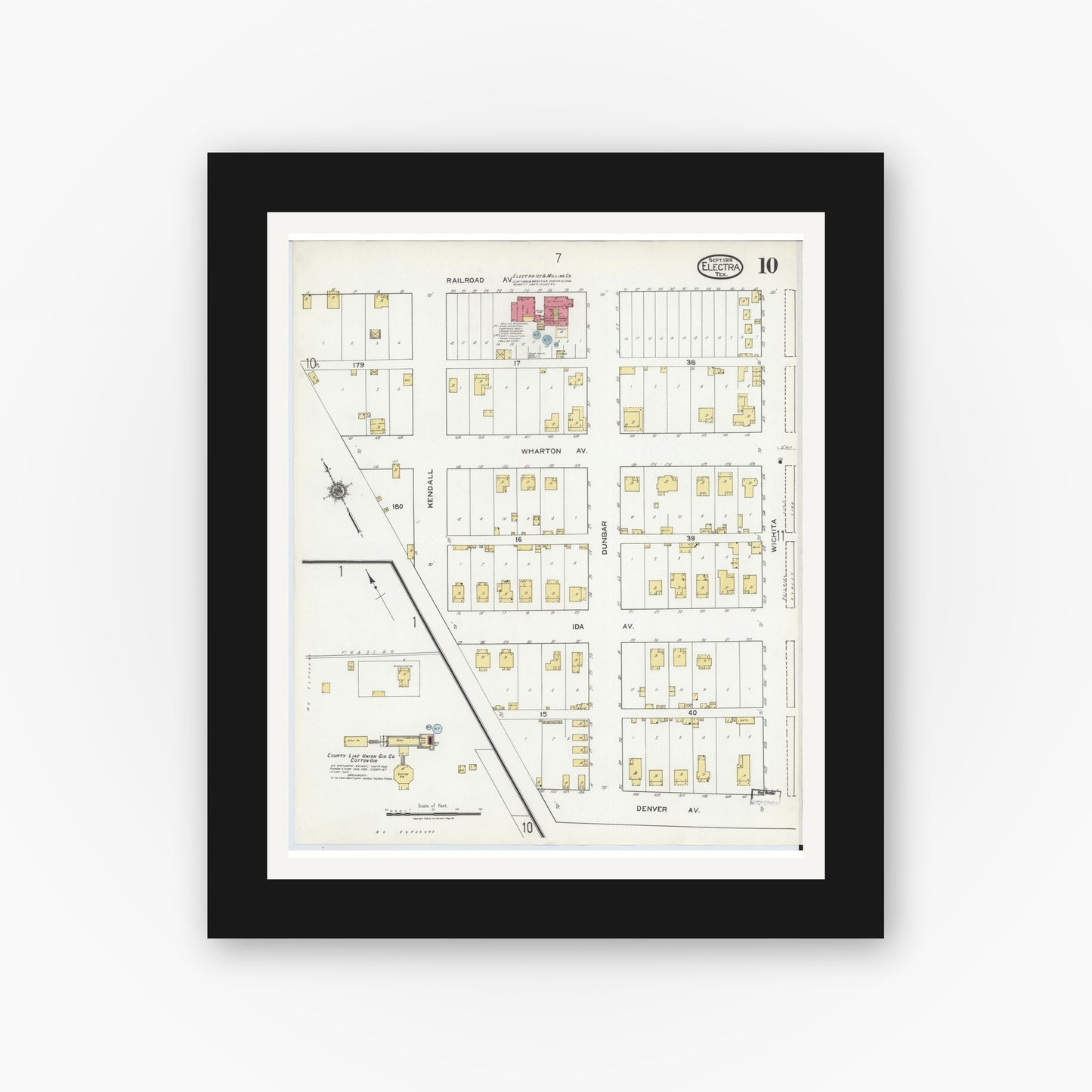 Old map wall art mockup — black gallery frame with white mat — Sanborn Fire Insurance Map from Electra, Wichita County, Texas (1919), Sheet #0010